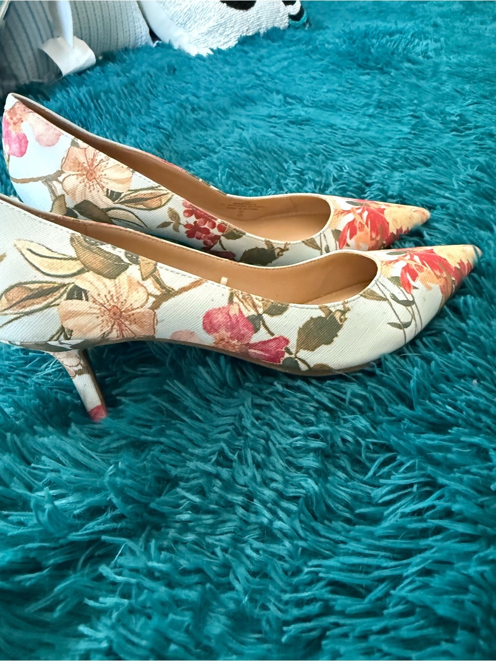 Marc Fisher Floral Pointed-Toe Kitten Heels - Ivory with Pink & Green Flowers